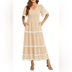 Cream Ruched Tiered Dress